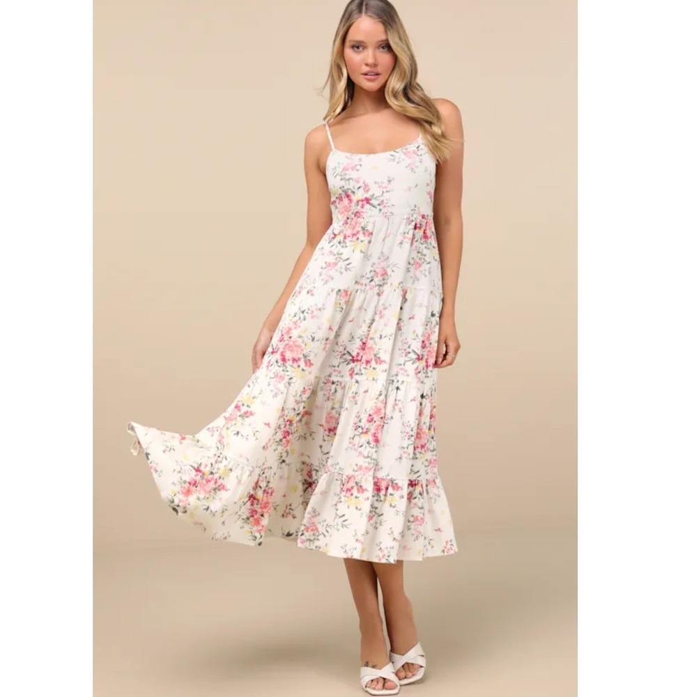 Lulus Mykonos Mood Pink and Ivory Floral Tie Back Midi Dress Linen‎ Blend M